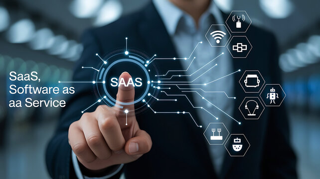 Software as a Service SaaS concept showcased by a businessman pressing virtual button