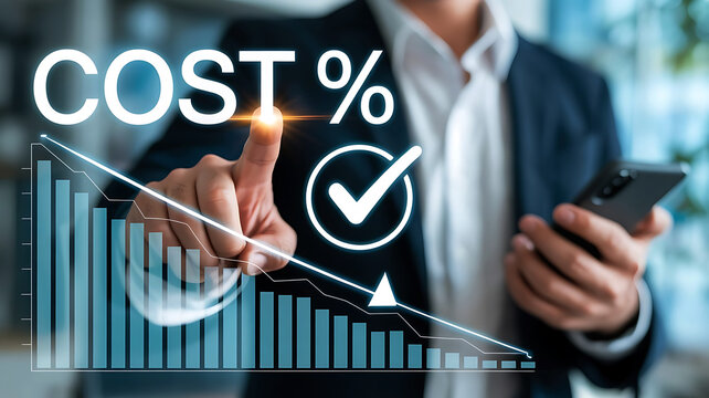 Cost reduction analysis displayed with holographic graph and interactive touchscreen technology