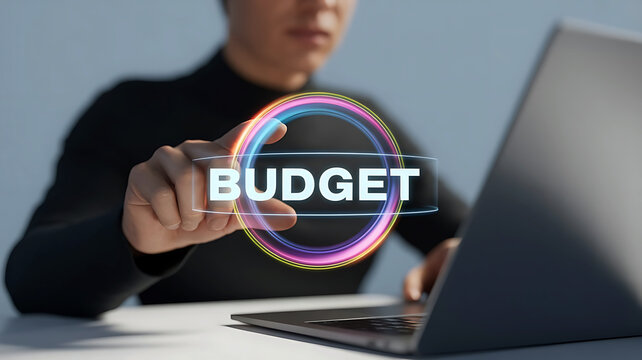 Concept of Budget Planning with Person Using Laptop and Digital Interface - Powered by Adobe