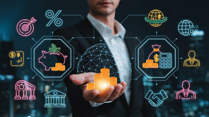 Financial Technology Investment Strategy Man Holding Globe and Digital Business Icons