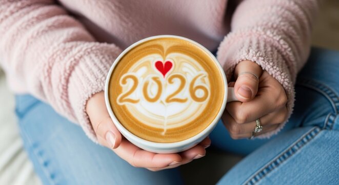 Cozy hands holding a coffee cup with festive 2026 latte art and a red heart design