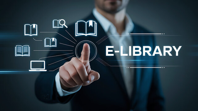 E library concept illustration with businessman and digital books and technology