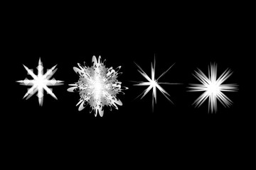 Four bright white starbursts and sparkles on a dark black background.