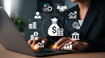 Businesswoman Using Laptop with Finance and Investment Icons for Online Trading Success