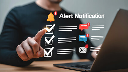 Alert Notification on Laptop with Checkmarks Message Speech Bubble and Email Icons