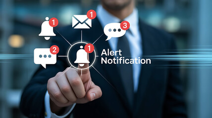 Business professional touching alert notification interface on digital display innovation concept