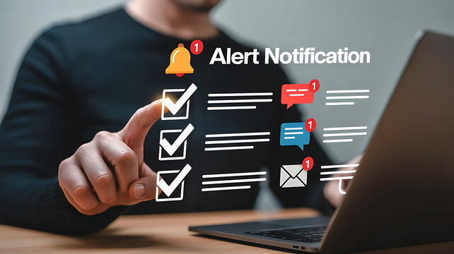 Alert Notification on Laptop with Checkmarks Message Speech Bubble and Email Icons