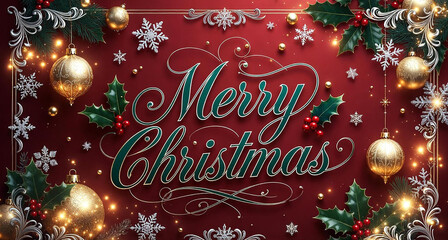 Festive christmas background with green text ornaments snowflakes on dark red backdrop