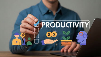 Person marking productivity checklist and concept with symbolic elements on virtual interface