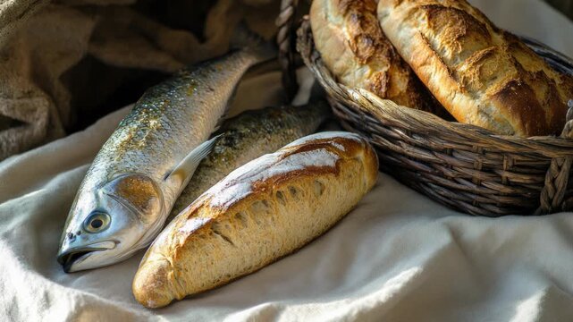 Video Two baskets containing bread and fish, ideal for biblical or holy scene compositions