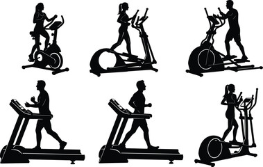 Gym workout vector silhouettes set, featuring people exercising on elliptical trainers, stationary bikes, and running on treadmills, promoting fitness and cardio training, isolated white.