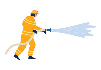 A brave firefighter, dressed in vibrant yellow gear, is actively combating fierce flames with a powerful water hose