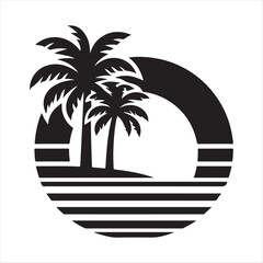Retro sunset tropical vector silhouette clip art logo design concept illustration