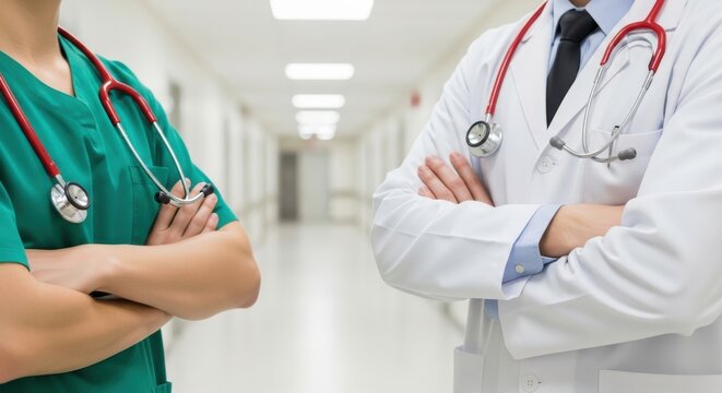 Medical professionals, doctor and nurse, stand with arms crossed in hospital hallway