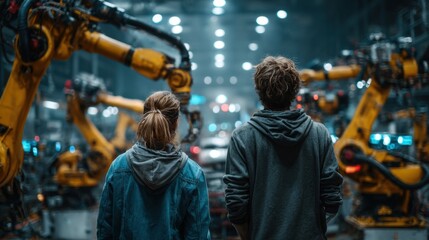 Industrial engineers discussing automated robotic systems in a high tech electronics factory with artificial intelligence, back view