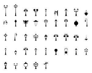 Naklejka premium Street Light and Lantern Icons Set, Modern Vintage Ornate Lamp Post Silhouette Collection For Cityscape Design. vector illustration