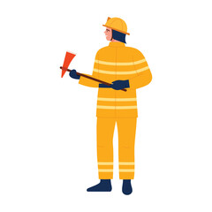 A brave firefighter donned in yellow protective gear stands ready to act, equipped with essential firefighting tools