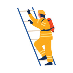 Fototapeta premium An illustration shows a brave firefighter in yellow gear climbing a tall ladder for critical emergency response