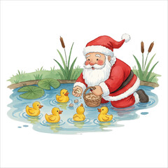 Santa Claus feeding ducklings by a small pond, peaceful Christmas watercolor illustration on white
