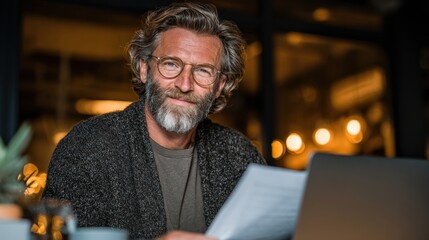 Smiling mature businessman works at desk with laptop holding documents in office