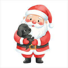 Santa Claus cuddling a small puppy, cute Christmas watercolor illustration on white background
