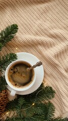 Cup of coffee and fir branches on a knitted background. Christmas still life aesthetic