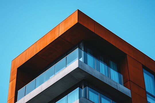 Modern architectural detail of a building corner with orange facade and glass balconies against a clear blue sky