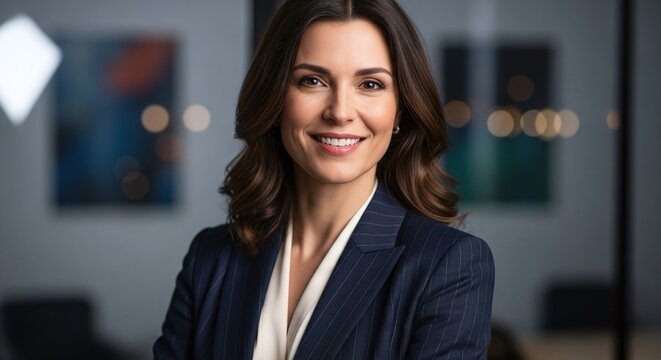 Confident professional businesswoman smiling warmly in a modern corporate office setting, radiating success and approachability for inspiring content