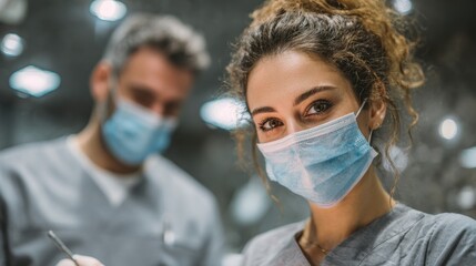 Dentist and assistant work together during dental check up in modern clinic, both wearing masks to protect themselves from germs