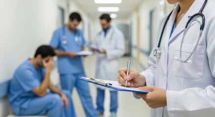 Medical professional writing on clipboard in busy hospital corridor with staff