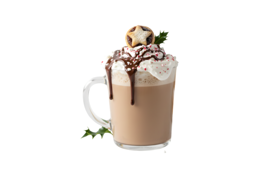 A warm beverage, perhaps a hot chocolate, latte, or mocha, topped with whipped or spray cream, paired with Christmas mince pies adorned with holly.
