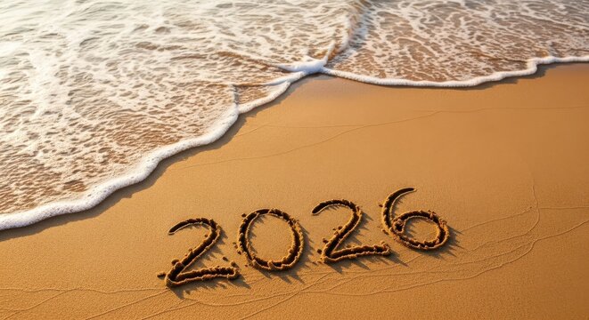 New year 2026 written in sand on a beach with gentle ocean waves at golden hour