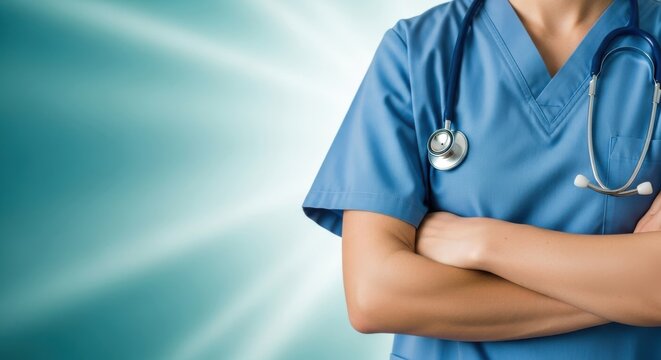 Dedicated medical professional wearing blue scrubs with a stethoscope, arms folded. - Powered by Adobe