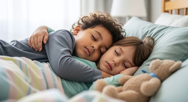 Adorable young siblings peacefully cuddling in bed, enjoying a calm, restful sleep together with their beloved teddy bear