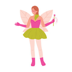 A whimsical fairy adorned in bright pink and green attire, fully embodying magic, charm, and enchantment
