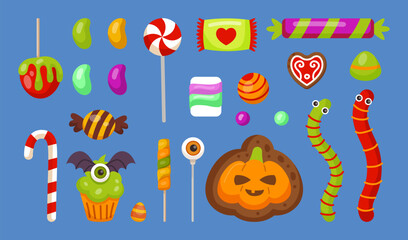 Candy spooky. Caramel dessert. Halloween elements. Autumn party sweets. Pretty celebration. Trick or treat. Pumpkin cake. Lollipop and jelly worm. Festive food set. Vector cute color tidy illustration