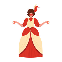 A fashionable and stylish woman is wearing a stunning red and cream vintage gown, radiating elegance and charm