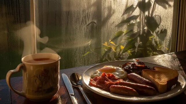 Steaming Hot Drink and Full English Breakfast by a Rainy Window on a Cozy Morning