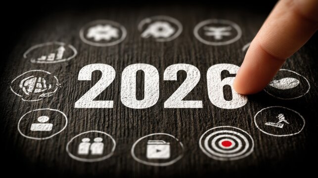 Business roadmap to 2026 success with innovation, sustainability, teamwork and goal achievement icons representing a strategic business journey - Powered by Adobe