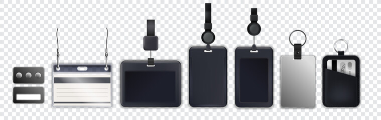 ID card. Badge with lanyard cord. Employee identification. Visitor identity template. VIP membership. Guest photo holder with strap clip. Corporate staff accreditation label. Vector 3D objects set