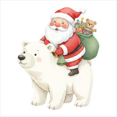 Santa Claus riding a friendly polar bear on a joyful Christmas adventure, watercolor illustration isolated on white background
