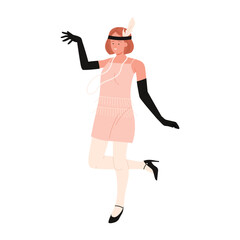 A captivating flapper girl gracefully dances in her stunning vintage attire, showcasing the glamour of the 1920s era