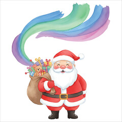 Santa Claus walking under a flowing aurora sky in a dreamy winter Christmas scene, watercolor illustration isolated on white background
