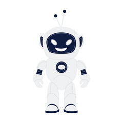 An adorable cartoon robot design showcasing a cheerful smiling face along with various futuristic features