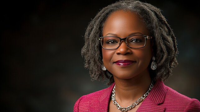 Close-up of Ketanji Brown Jackson, a black woman with grey hair, wearing glasses, a pink jacket, and a silver necklace and earrings