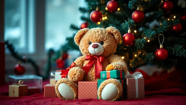 Teddy bear with a red bow sitting in front of a christmas tree with presents and decorations