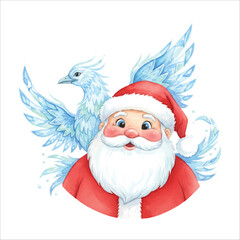 Santa Claus with a majestic ice phoenix in a frosty magical Christmas setting, watercolor illustration isolated on white background
