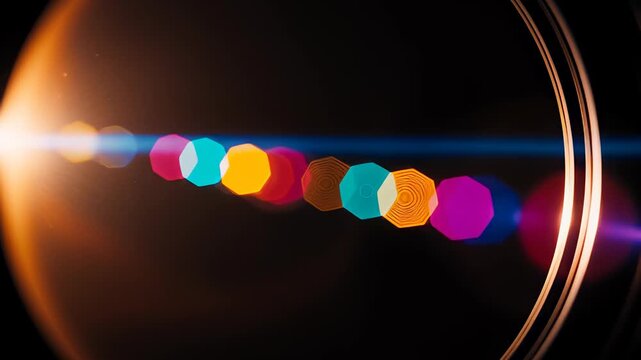 Cinematic optical lens flare shining over a glass camera objective with colorful hexagonal bokeh and organic light leaks, creating an abstract overlay effect.