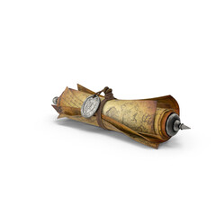 Old rolled parchment scroll with dark wooden ends on transparent background