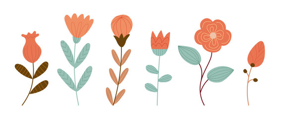 Cute flowers. Doodle blossoms on stems and leaves. Minimal simple drawing botanical decorative meadow elements for design. Vector cartoon flat isolated hand drawn childish floral garden illustration © Natalia